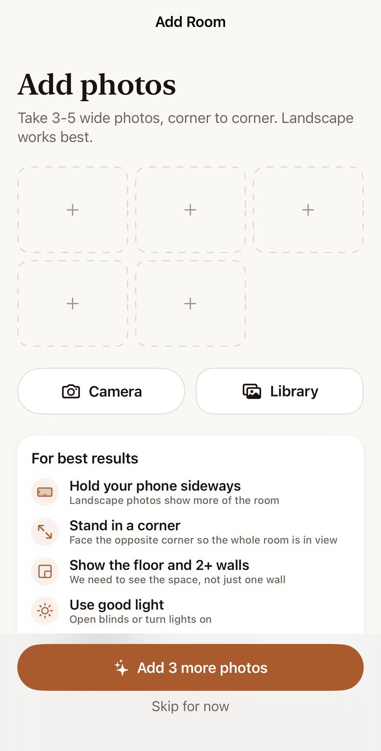 Add photos screen with tips for the best room photos